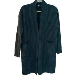 Uniqlo Women XS Sweater Long Cardigan Green Ribbed Wool 2 Pockets Button Up